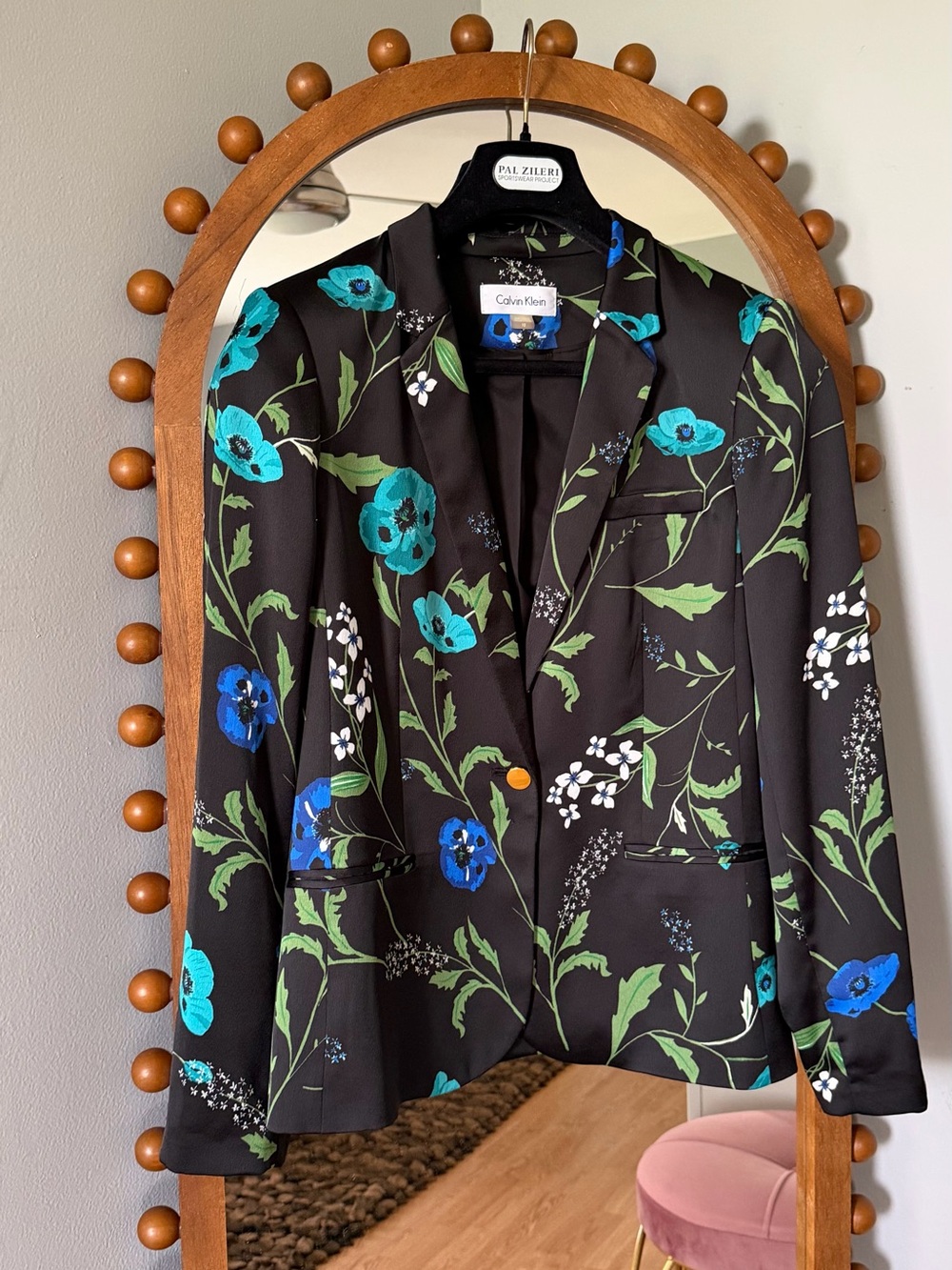 Calvin Klein Black Dress with Blue & Green Floral Motif Silk